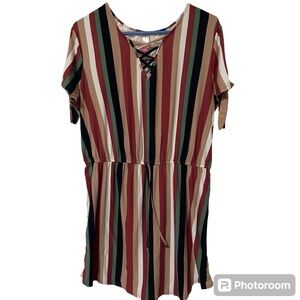 Striped Tie Sleeve Laced Up V Neck Crochet Boho Back Dolphin Hem XXXL Jr. Dress